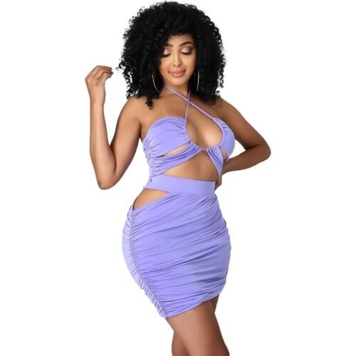 S-3XL Mini Purple Solid Sexy Elegant Natural Neck-mounted Lace dress Female Above Knee Casual Dress Dropping Wholesale