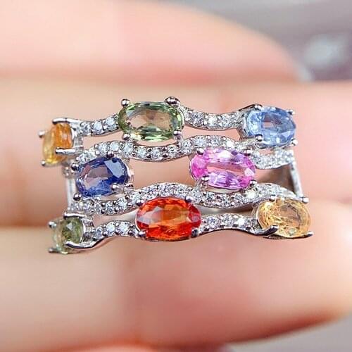 Colorful Crystal Chic Diamonds Gemstones Wave Layered Rings for Women White Gold Silver Color Jewelry Bijoux Trendy Bands Gifts