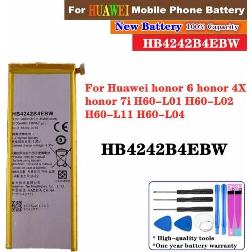 High Capacity HB4242B4EBW Battery For Huawei Honor 7i / Shot X / Honor 6 / Honor 4X Mobile Phone Battery 3000mAh + Tools