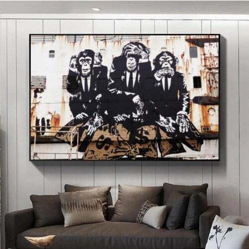 Banksy Art 3 Wise Monkeys Canvas Painting Graffiti Art Animal Posters and Prints Gorilla Wall Picture for Living Room Home Decor