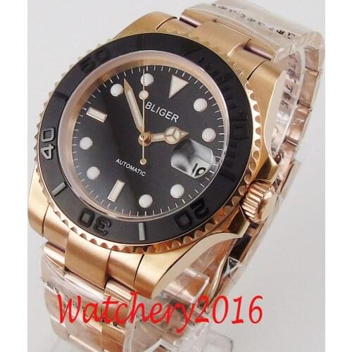 New Arrival BLIGER Full Rose Gold Plated Self Winding Men Watch Movement Deployment Bracelet Black Dial Sapphire Crystal