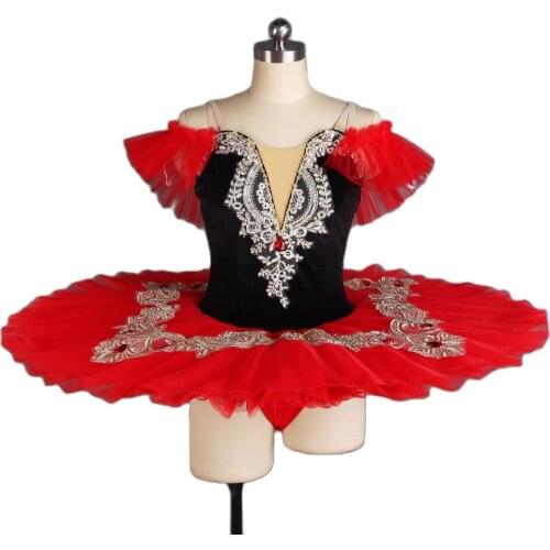 Off the Shoulder Black Velvet Bodice with Red Pancake Tutu for Girls and Women Ballet Dancing Performance Tutu Costume BLL124