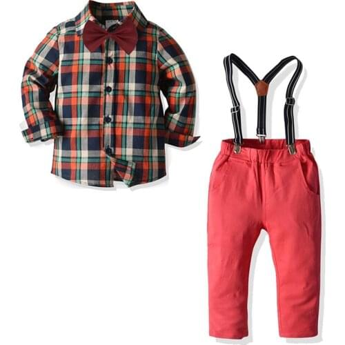 Baby Boy Dress Children Clothes Sets Infant Bowtie Lattice Shirt +Suspender Pants 2Pcs Party wedding Gentleman Outfits
