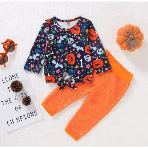 Childrens boys and girls baby Halloween print long-sleeved T-shirt trousers two-piece suit