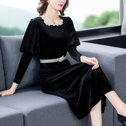 Elegant Black Gold Velvet Beading Belt Dresses Spring Autumn Casual Vintage Plus Size Midi Dress Women Bodycon Party Vestidos