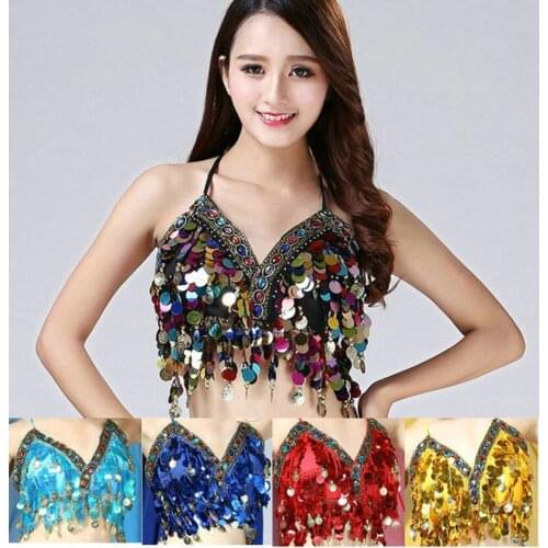 Belly Dance Shirt T Performance Bra Indian Dance Top Bellydance Competition Bras Carnival Halter Sequined Fringes Chiffon
