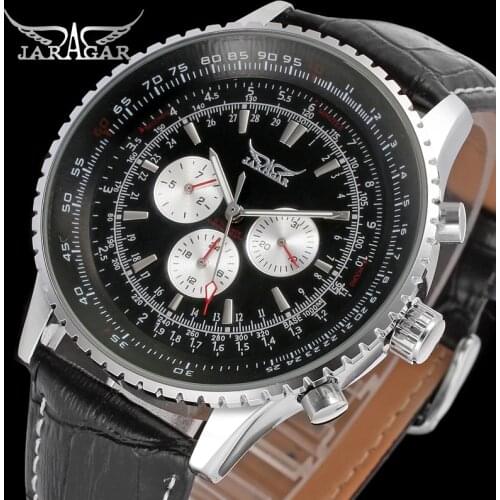 Jaragar Top Brand Luxury Men Mechanical Watches Mens Automatic 6 Hands Genuine Leather Strap Black Auto Date Wristwatches