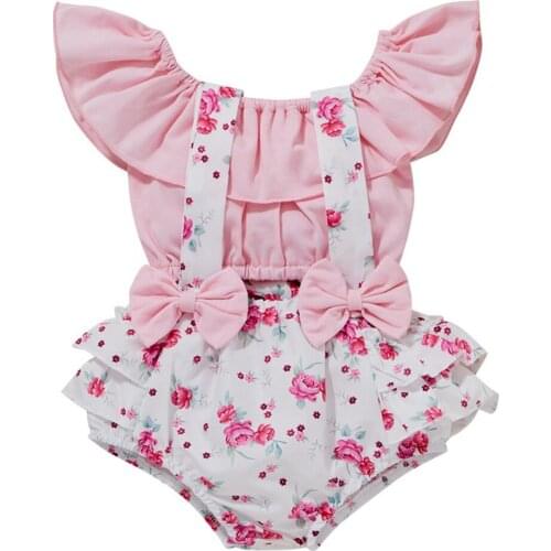 2Pcs Baby Girl Clothes Set Summer Newborn Infant Ruffle Short Sleeve Tops Floral Stripe Overalls Outfit For Toddler Clothing D30