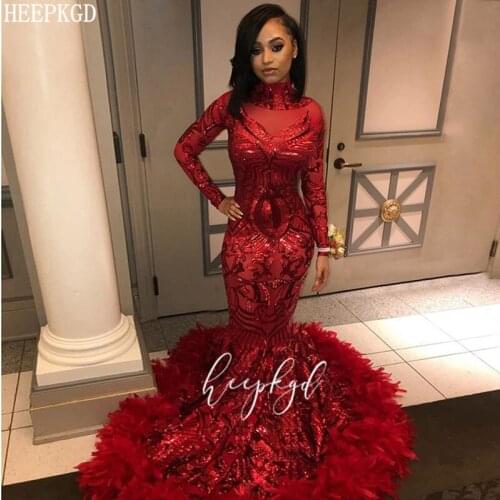 Red Mermaid Sequins African Evening Formal Dress High Neck Long Sleeves Black Girls Feathers Prom Gowns Plus Size Party Dresses