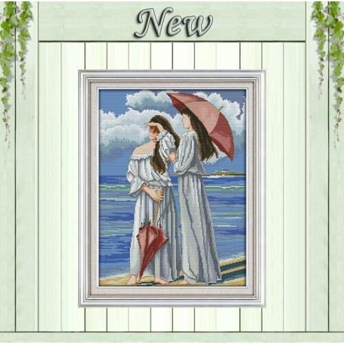 The beauty girls in the seaside diy painting counted printed on canvas DMC 11CT 14CT kits Cross Stitch embroidery needlework Set