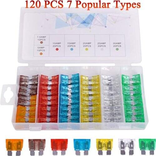 Blade Fuse Set 120 Pieces Car Truck Boat Standard Blade Fuse Assortment Kit 5 7.5 10 15 20 25 30 AMP Essential Replacement