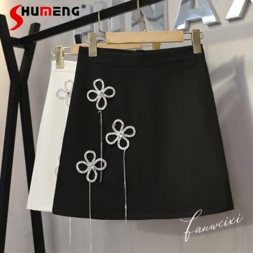 2021 Summer New Exquisite Rhinestone Tassel High Waist Slim Mini Skirt A- Line Women Hip-Wrapped Solid Color Above Knee Skirt