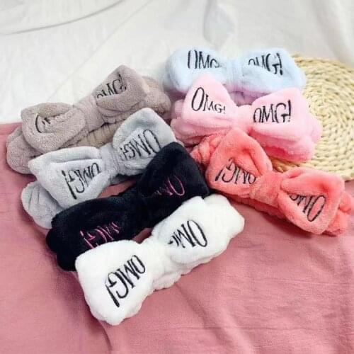 New OMG Letter Coral Fleece Wash Face Bow Hairbands Women Cute Elastic Force Headbands Headwear Girl makeup Hair Accessories