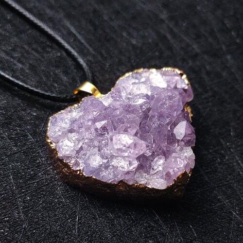 20-35mm Natural Purple Crystal Cluster Rough Stone Pendant Necklace Heart Shape Jewelry Necklaces For Lovers Girls Gift