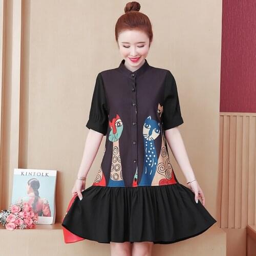 WTIANYUW Printed Close Waist Midi Dress Plus Size Womens Dresses Long Sleeve Fashion Casual New Korean Button Knee Length