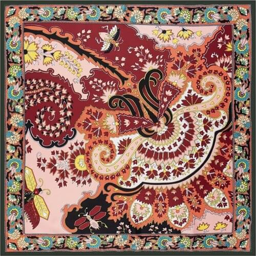 POBING 100% Silk Scarf Luxury Bee Leaves Print Neckerchief Muslim Headscarf Square Scarves Lady Foulard Female Bandana 100*100CM