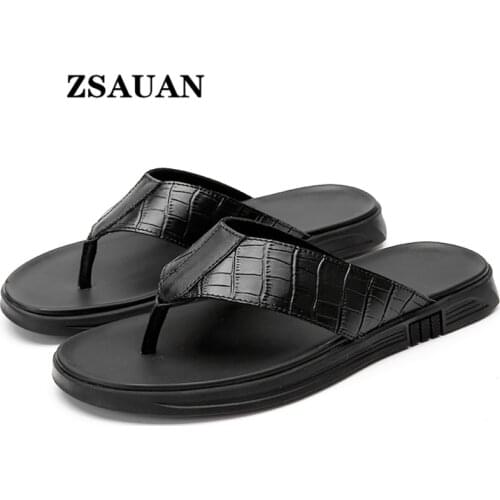 ZSAUAN Genuine Leather Men Slippers Trendy Clip Toe Casual Flip flop Non Slip Indoor Black Leisure Beach Men Sandals Luxury