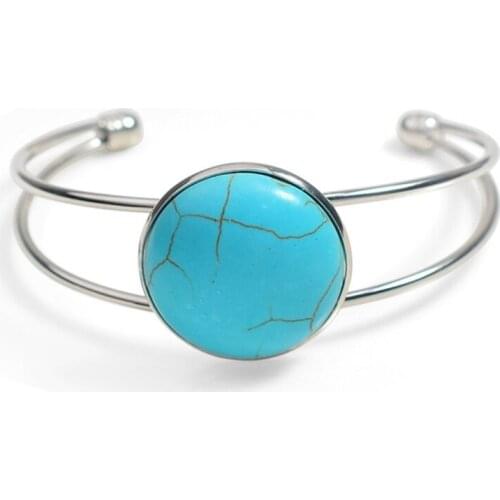 FYJS Unique Silver Plated Round Green Turquoises Stone Layer Open Bangle for Party Gift Jewelry