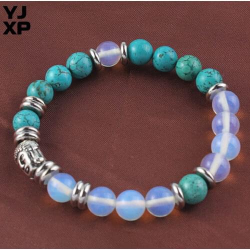YJXP Silver Plated Buddha 8mm Turquoises Opal India Agates Tiger Eye Round Beads Religious Yoga Meditation Stretch Bracelet