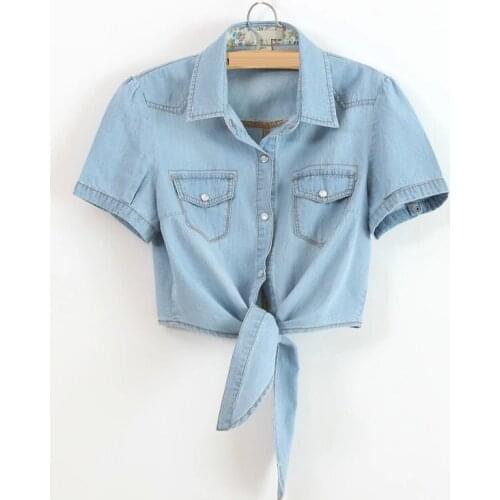 Womens Denim jacket Ladies tie knotted Small Shawl Denim Shirt Korean Short Section Thin Coat Womens Wild Denim Shirt