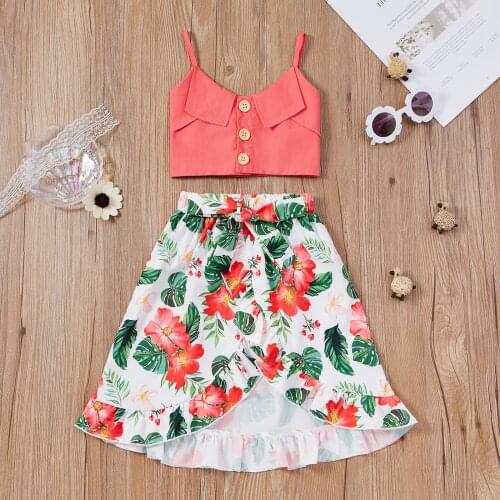 1-5 Years Girls Print Fashion Summer Two Piece Set Fashion Solid Color Button Camisole and Flower Bandage Mid-length Skirt