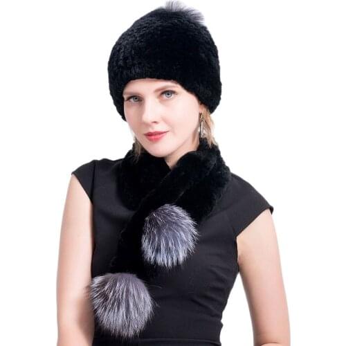 Real Rex Rabbit Fur Scarf with Silver Fox Pompoms Knit Fur Scarf With Fox Fur Balls Winter Hat & Scarf scarfs for ladies