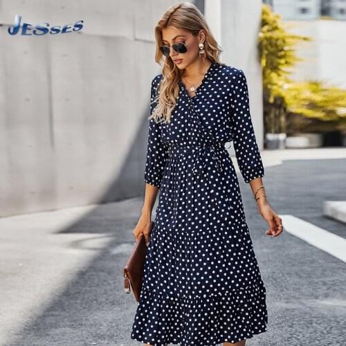 Polka Dot Print Ladies Bohemian Dress Bow-knot Corset Waist Vintage Dresses 2021 Spring Maxi Dress Femme Party Clothing Vestiodo