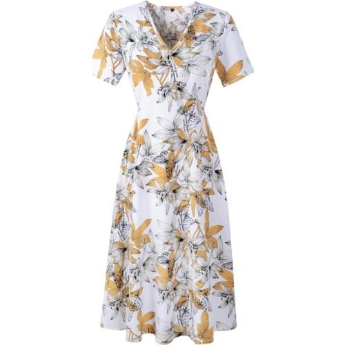 2021 Casual Elastic Waist Boho Beach Dress Women Summer Clothing Floral Print Vintage Chiffon Midi Dress Vestido