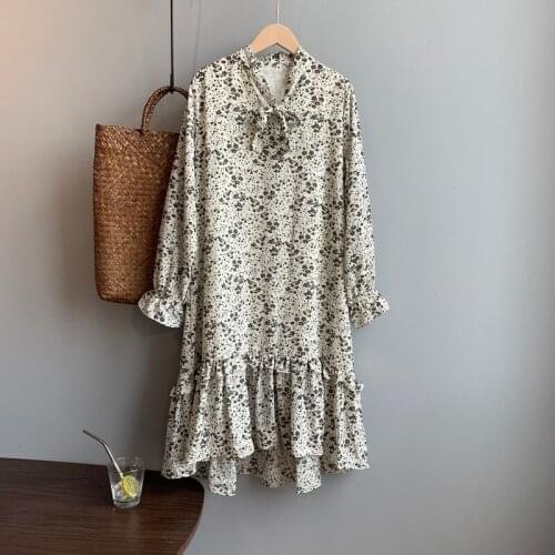 Sherhure 2020 Flower Print O-Neck Long Sleeve Boho Loose Style Women Vintage Midi Length Dress Elegant Vestidos