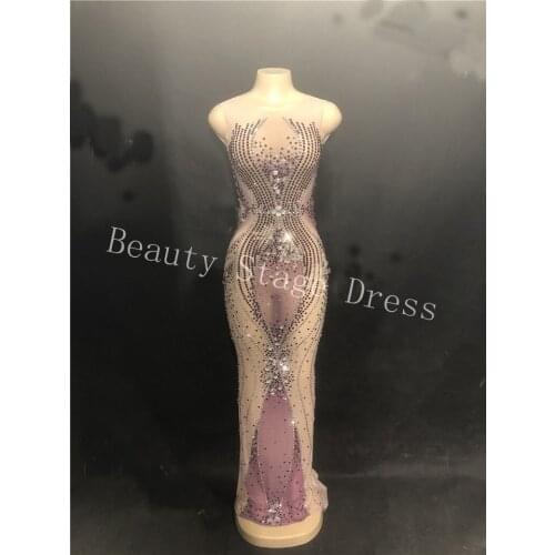 Sparkly Purple Rhinestones Mesh Long Dress Womens Birthday Party Dress Evening Dance Outfit See Through Prom Celebrate Dresses