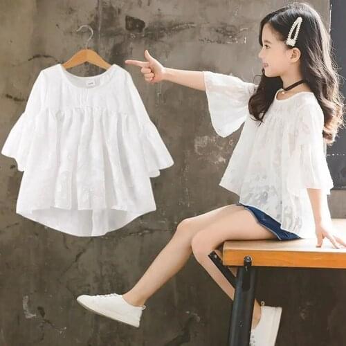 Teenage Girls Chiffon White Blouses and Shirts 2021 Summer Toddler Girl Short Sleeve Tshirts Kids Casual Tops 2-14Years Children