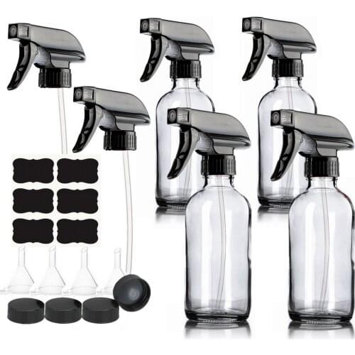 4pcs 250ml Large Clear Glass Spray Bottle with Trigger Mist Stream Sprayer Storage Cap Chalkboard Labels for Essential Oils Hair