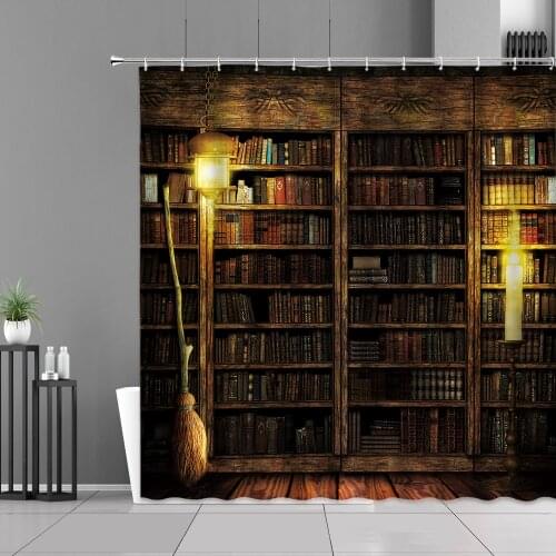 Harry Magic Bookshelf Broom Shower Curtains Old Vintage Wood Grain Retro Home Decor Waterproof Bathroom Curtain With Hooks Set