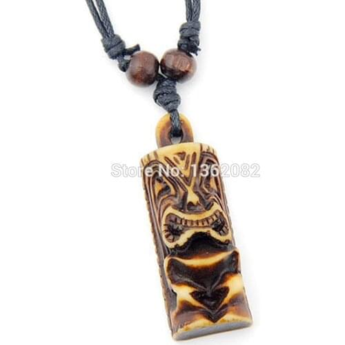 Imitation Yak Bone Carved Brown Tiki God Charm Pendant Necklace Lucky Amulet Gift MN413