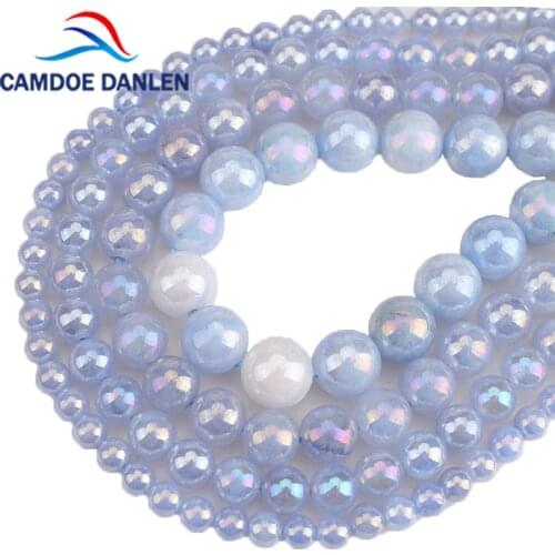 Natural Stone Blue Electroplated Angelite Round Beads For DIY Bracelet Necklace Jewelry Making 15" Strand 6/8/10/12mm