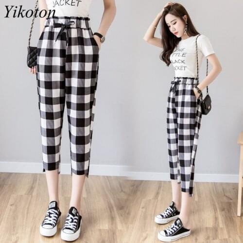 Sweet Korean Fashion Asymmetrical Womens Pants Drawstring Summer Casual High Waist Loose Sexy Office Pants Plaid Harem Pants