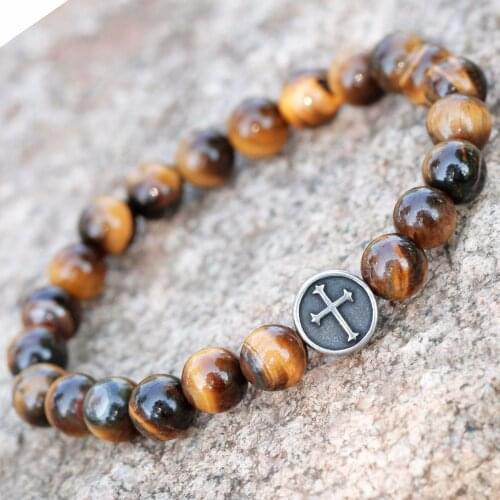 Mens Cross Bracelet 8mm Catholic Bead Charm Elastic Rope Medallion Natural Stone Soul Parton Jewelry Parton Fathers Days Gift
