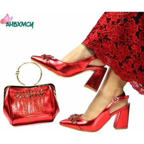 2021 New Design Nigerian Women High Quality Shoes and Bag to Match in Red Color Fashion Hot Sell for Wedding Dress