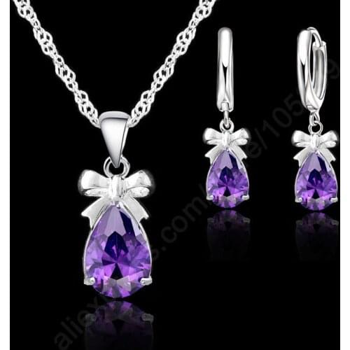 New Gift 925 Sterling Silver Shiny Purple Cubic Zirconia Lever Back Earring Pendant Necklace Woman Jewelry Set
