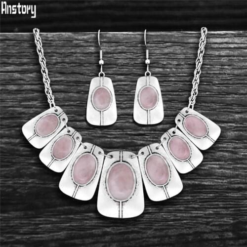 Oblong Quartz Tiger Eye Jewelry Sets Antique Silver Plated Natural Stone Unakite Amethysts Chokers Fashion Necklace Earring