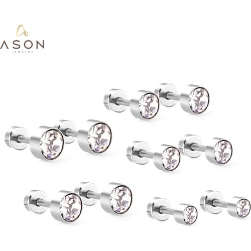 ASONSTEEL Silver Color 5pairs/set Round Cubic Zirconia Screw Earrings 316L Stainless Steel Stud Earring for Women Fashion Jewelr