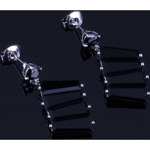 Delightful Black Cubic Zirconia Silver Plated Drop Dangle Earrings V0702