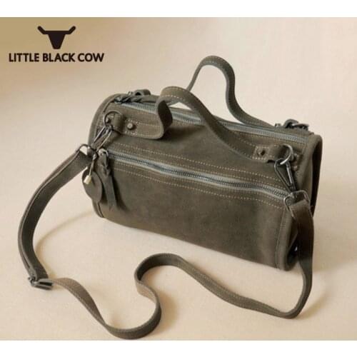 New Female Suede Genuine Leather Rivet Shoulder Bag For Women Leisure Small Boston Handbag Motorcycle Quality Crossbody Bag