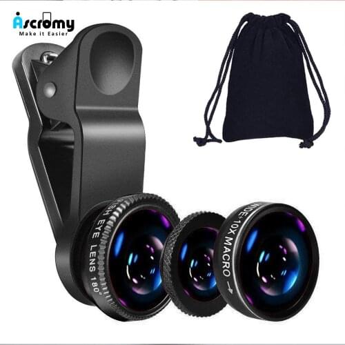 Ascromy Universal 3 in 1 Wide Angle Lenses Cell Phone Camera Fish Eye Lens Zoom Telephoto Kit Smartphone For Samsung Huawei P30