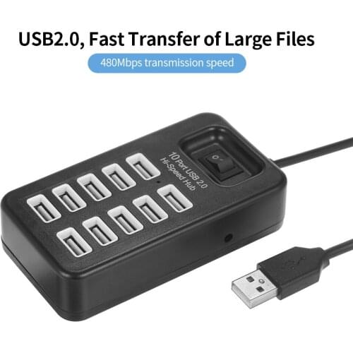 10 Port USB 2.0 Hi-speed Hub Simultaneous Use Fast Transfer of Large Files 480Mbps Transmission Speed One-key Control Hub