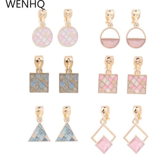 WENHQ Korea Style Gold Color Enamel Geometric Clip on Earrings for Girl Fashion Triangle Round Square Cuff Earrings Ear Clip New