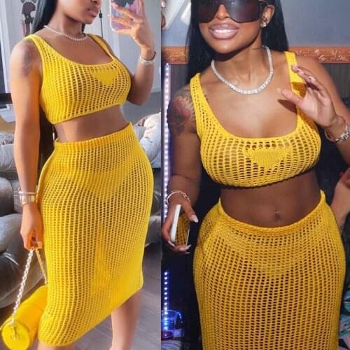 Fashion knitted Rib Solid Slim Dress Set 2 Piece Outfits Sexy Sweater Tank Crop Top + Long Skirts See Through Club Two Piece Set