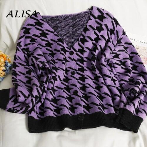 New Women Vintage Sweater Auutmn Winter Patchwork Houndstooth V-neck Knitted Cardigan Woman Single Breasted Crop Sweater Coat