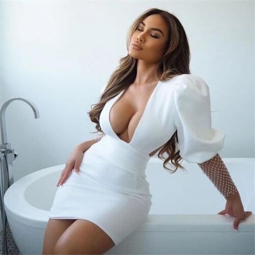 Womens Sexy Puff Crystal Diamond Sleeve Bodycon Dress Women Elegant Backless Mini Dress High Street Black Deep V-neck Vestidos