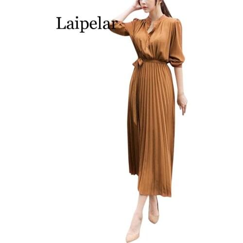 Womens Casual Dress Solid O-Neck Dress Long Sleeve Girdle Swing Pleated Elegant Dress